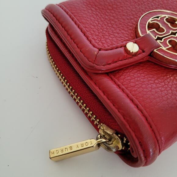 Tory Burch Amanda Leather Trifold Zip Around Medium Red Card Bill Wallet Compact - Picture 10 of 10